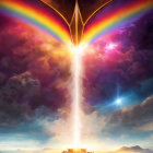 Vibrant cosmic scene with rainbow arc and bright light beam from golden wing-like structure