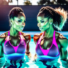 Two women in sporty swimwear posing confidently by a pool with vibrant neon light.