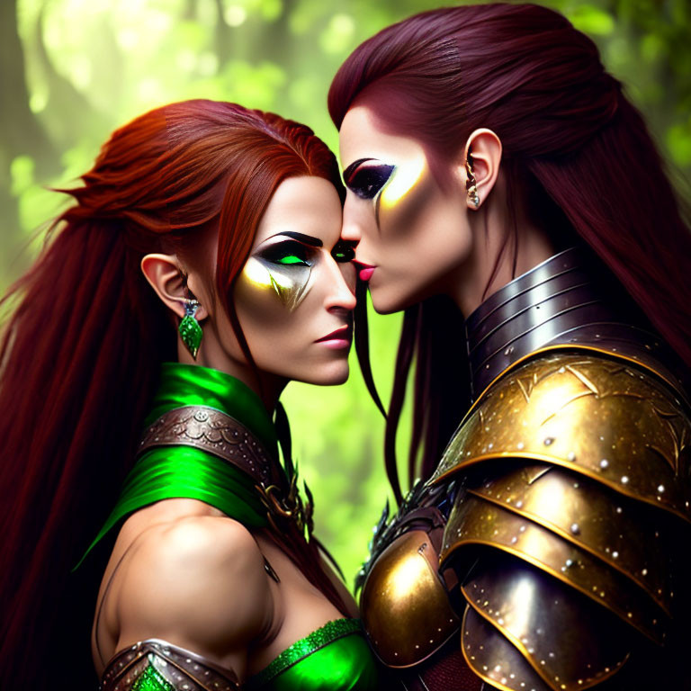 Two female warriors with red hair in fantasy armor face off in forest setting