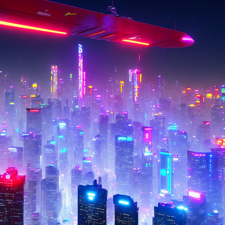 Neon-lit skyscrapers and flying vehicle in futuristic cityscape