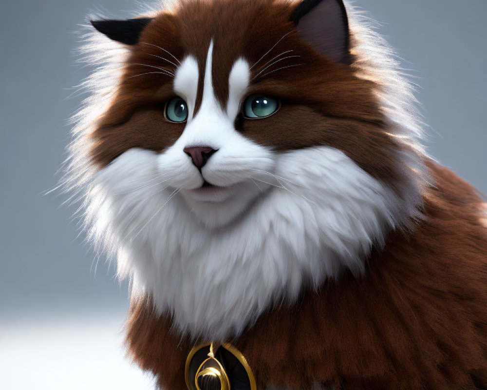 Fluffy Brown and White Cat Digital Artwork with Green Eyes and Golden Collar
