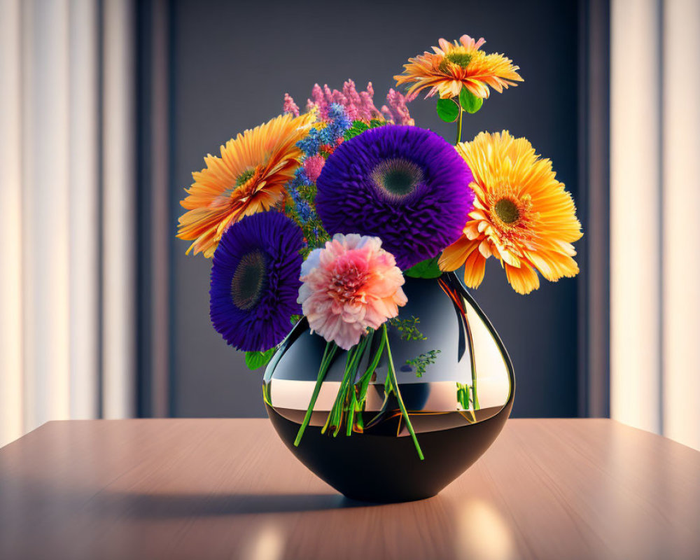 Colorful Flower Bouquet in Glossy Vase on Wooden Surface by Window