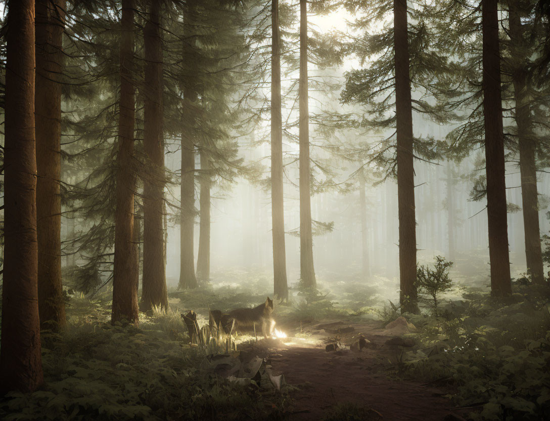 Mystical forest with tall trees and a wolf in a serene clearing