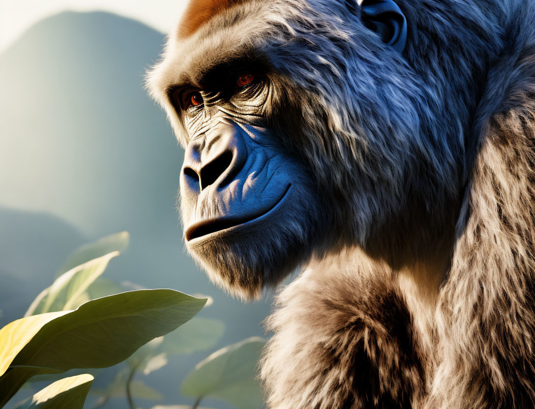 Detailed CGI gorilla with piercing blue eyes in serene natural foliage