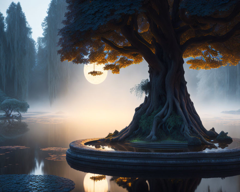 Moonlit island scene with ancient tree, water, fog, and willow trees.