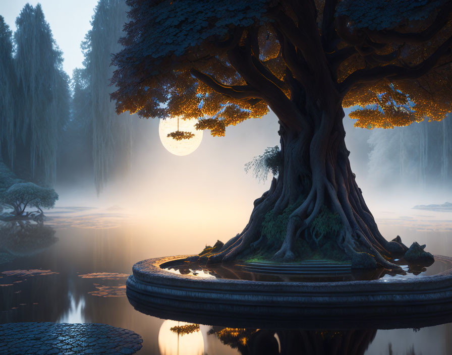 Moonlit island scene with ancient tree, water, fog, and willow trees.