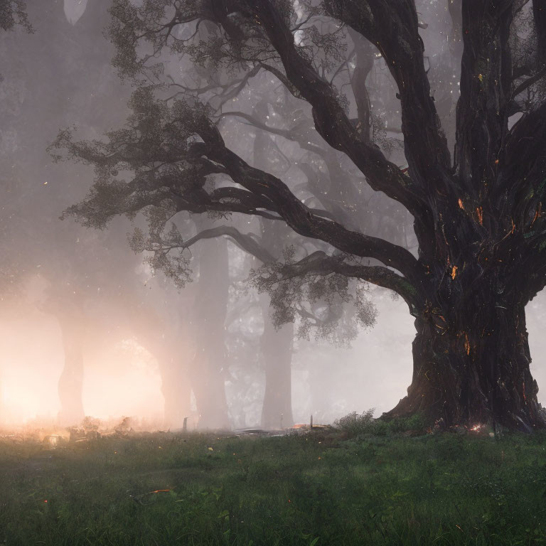 Misty forest scene with gnarled tree and soft sunlight