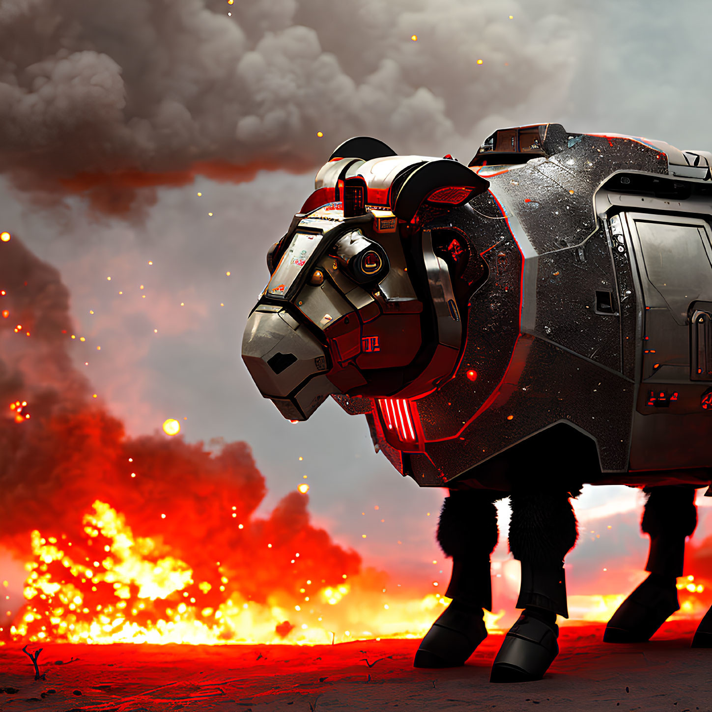 Futuristic robotic horse on fiery battlefield with glowing red elements