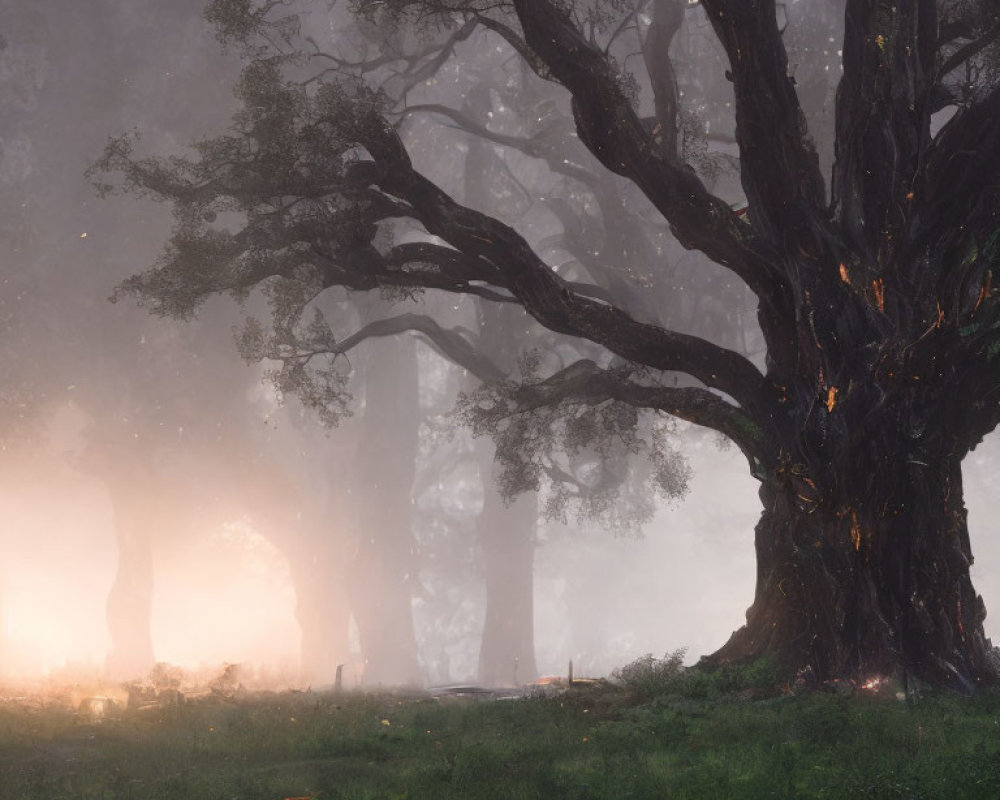 Misty forest scene with gnarled tree and soft sunlight
