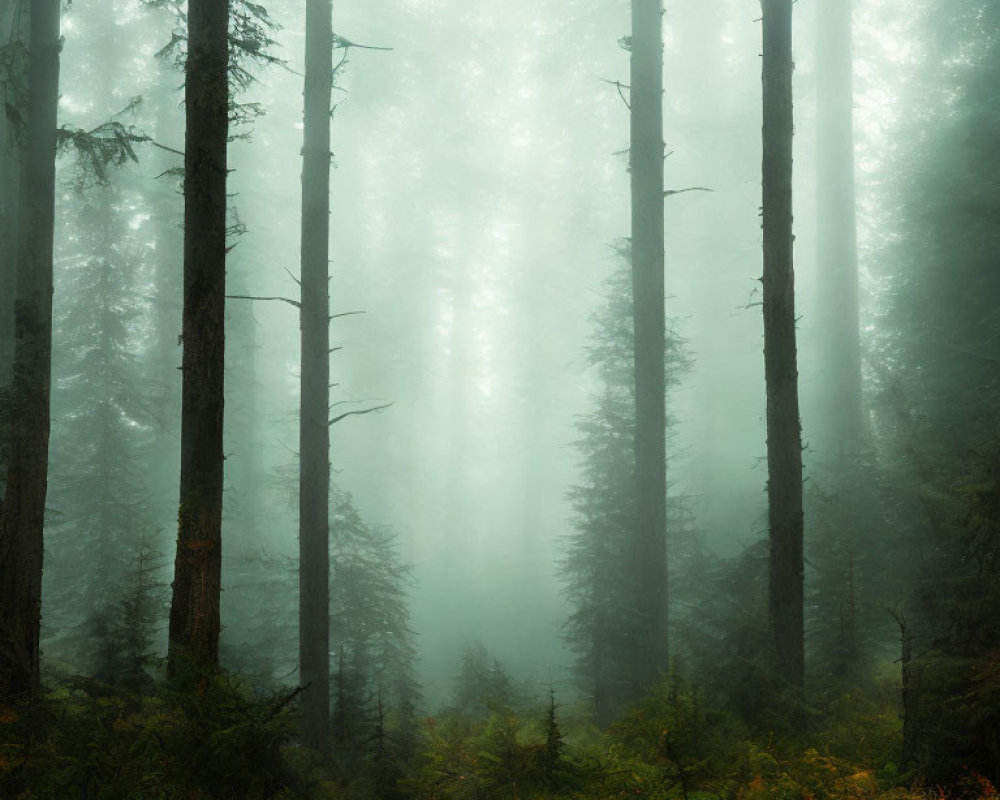 Misty forest with tall trees and faint glow in foggy setting