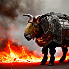 Futuristic robotic horse on fiery battlefield with glowing red elements