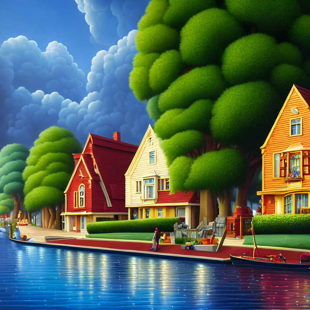 Vibrant houses near river, cloudy sky, green trees, boat, people outdoors
