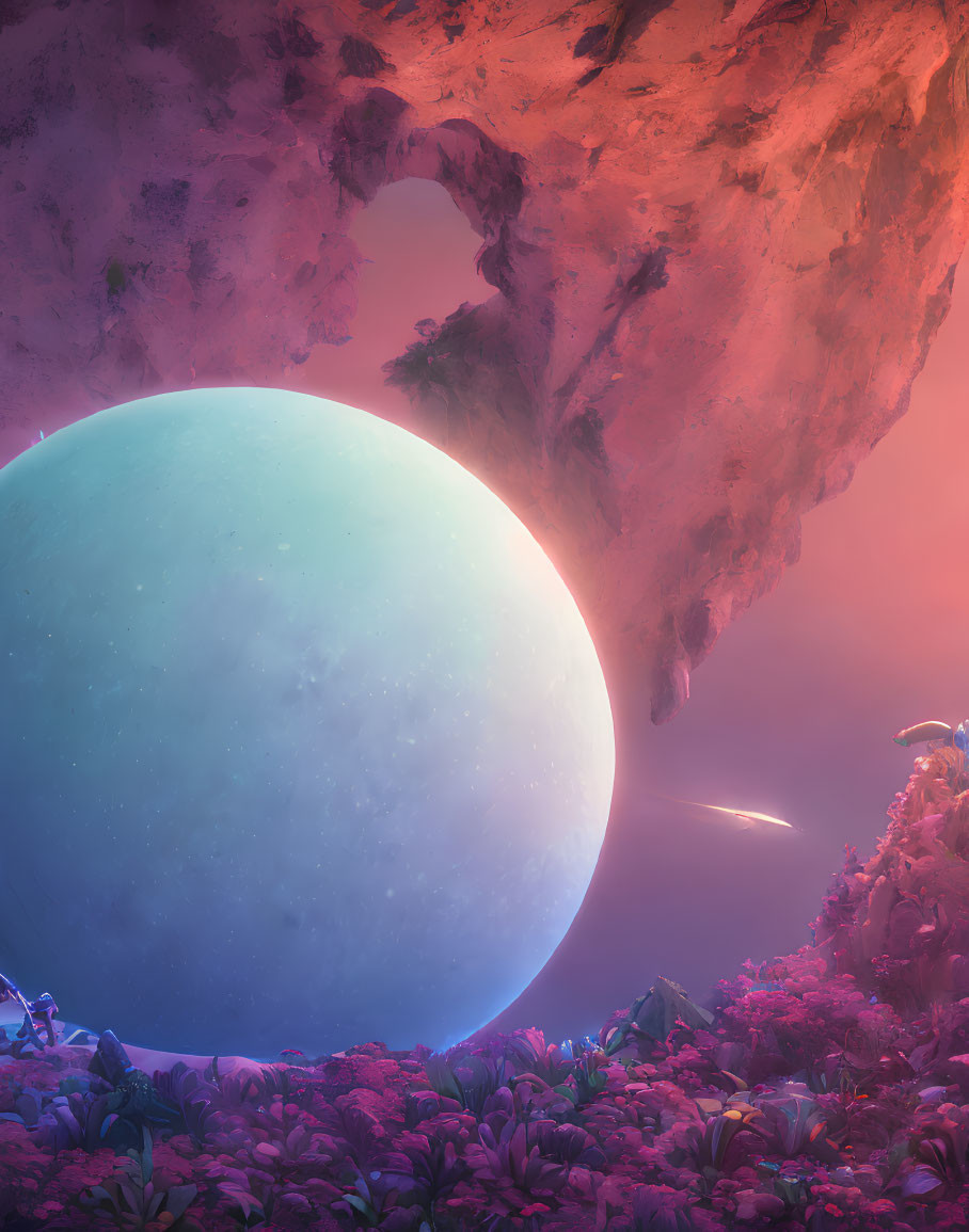 Colorful alien landscape with large moon and lush flora in pinkish-purple atmosphere