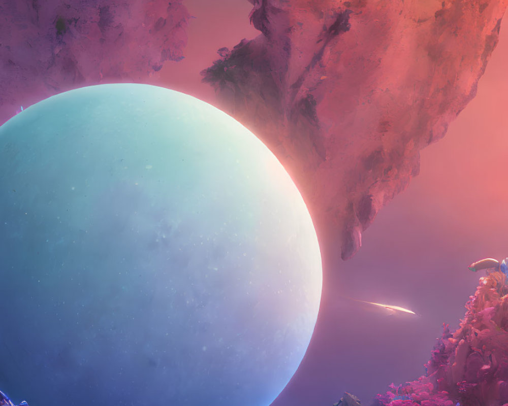 Colorful alien landscape with large moon and lush flora in pinkish-purple atmosphere
