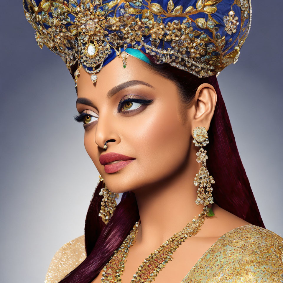 Woman in ornate gold and blue headdress and jewelry on grey backdrop
