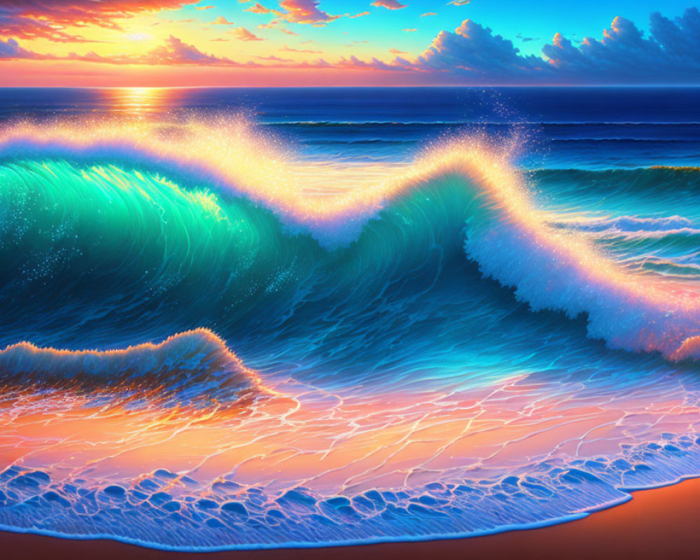 Colorful Sunset Over Ocean with Large Wave and Sandy Shore Reflections