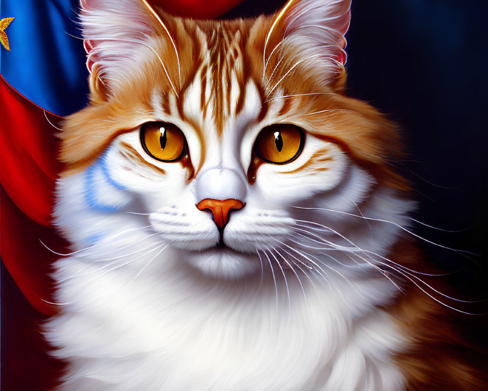 Detailed Illustration of Fluffy Cat with Amber Eyes on American Flag Background