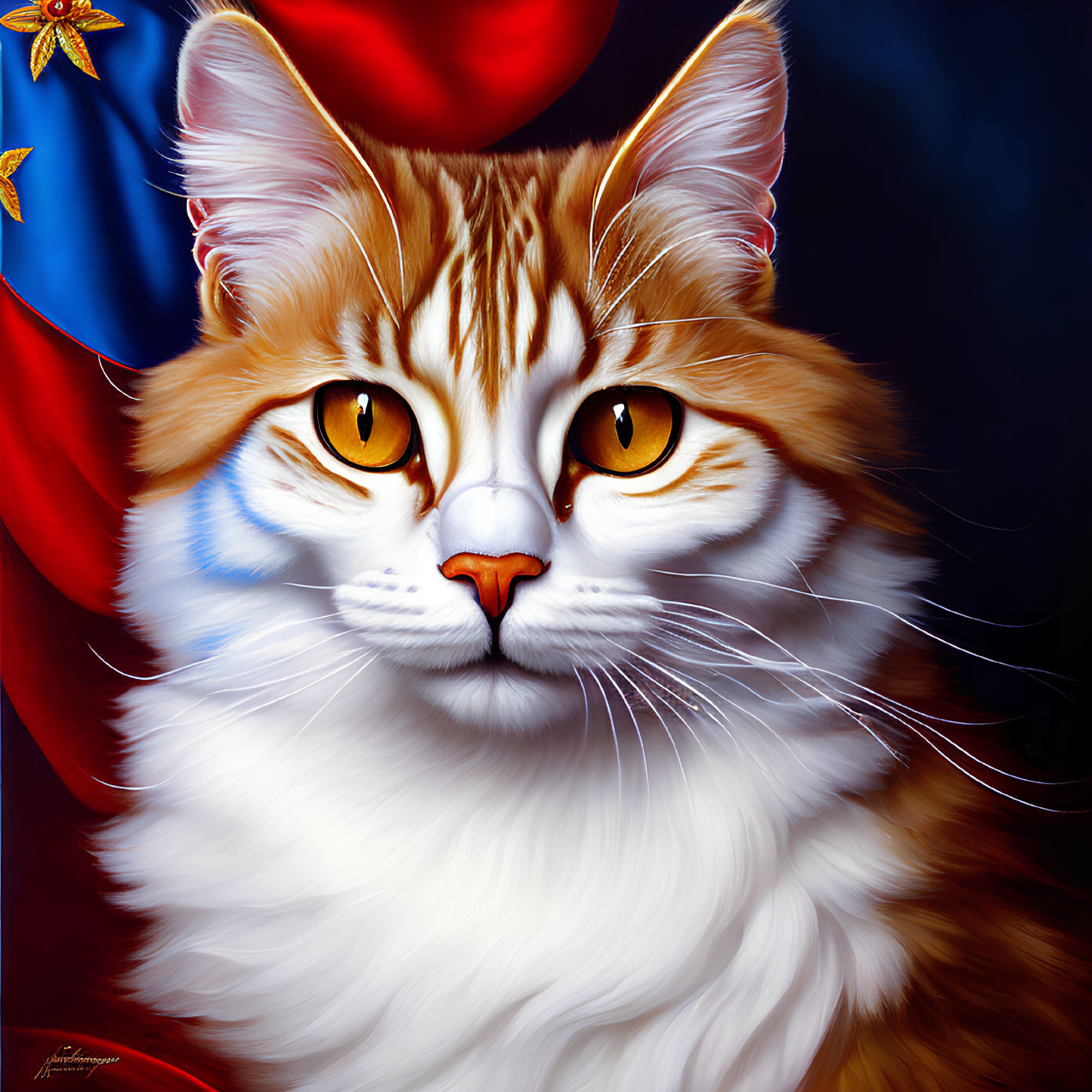 Detailed Illustration of Fluffy Cat with Amber Eyes on American Flag Background