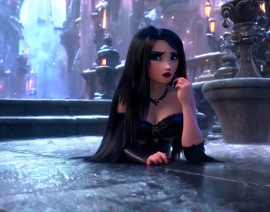 Long-haired gothic female character in night cityscape.