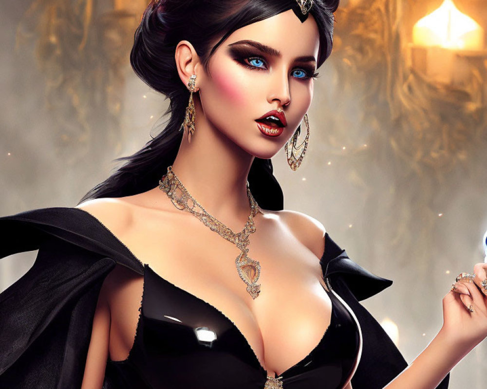 Digital Artwork: Woman with Blue Eyes, Black Hair, Gold Jewelry, Black Dress