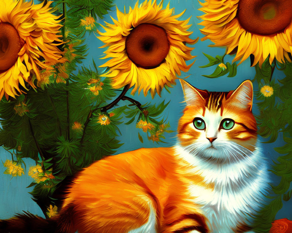Orange and White Cat with Sunflowers and Pine Branch on Blue Surface