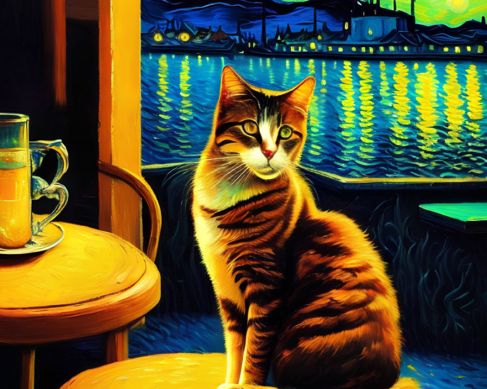 Cat on stool in vibrant café by waterside, reminiscent of "Starry Night" with night sky