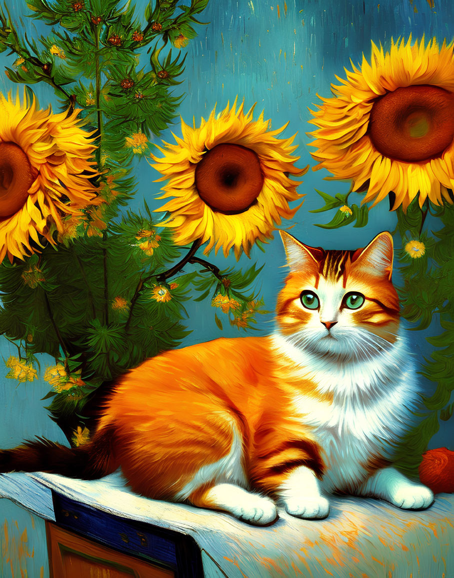 Orange and White Cat with Sunflowers and Pine Branch on Blue Surface