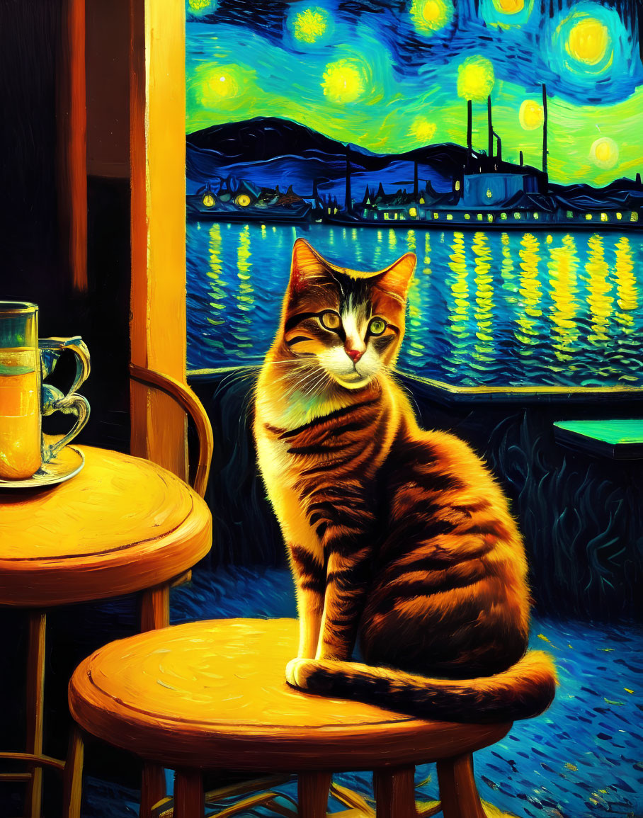 Cat on stool in vibrant café by waterside, reminiscent of "Starry Night" with night sky
