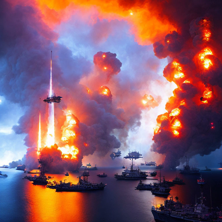 Naval battle scene with explosions, fire, smoke, and laser beam.