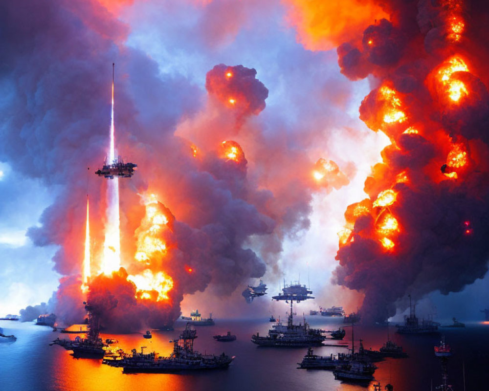 Naval battle scene with explosions, fire, smoke, and laser beam.