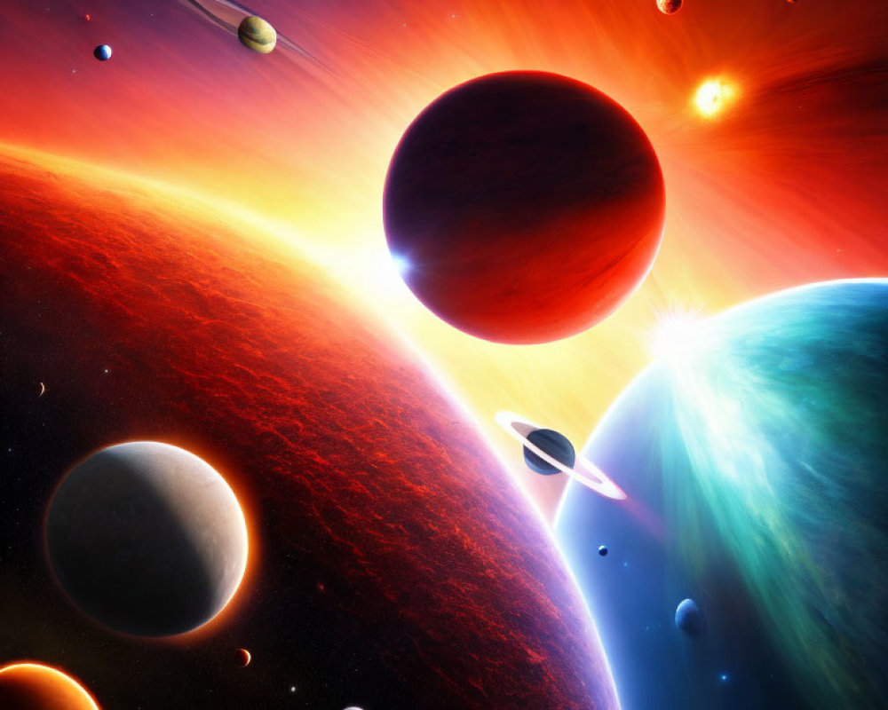 Colorful cosmic scene with planets and radiant star in deep space