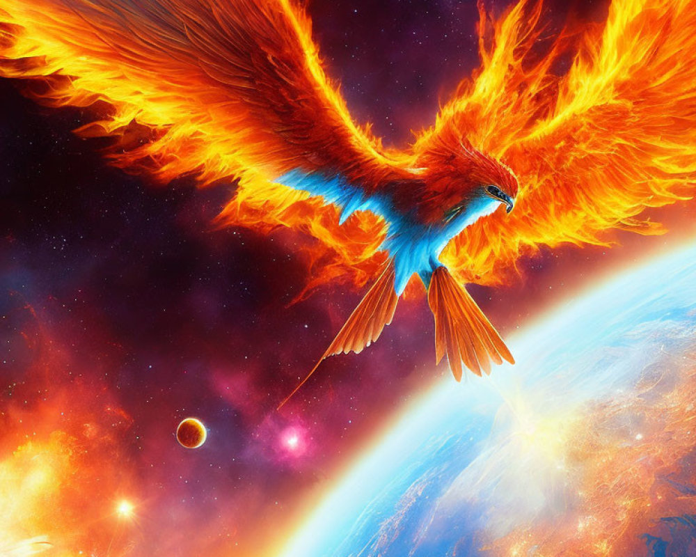 Majestic phoenix with fiery wings in space near Earth