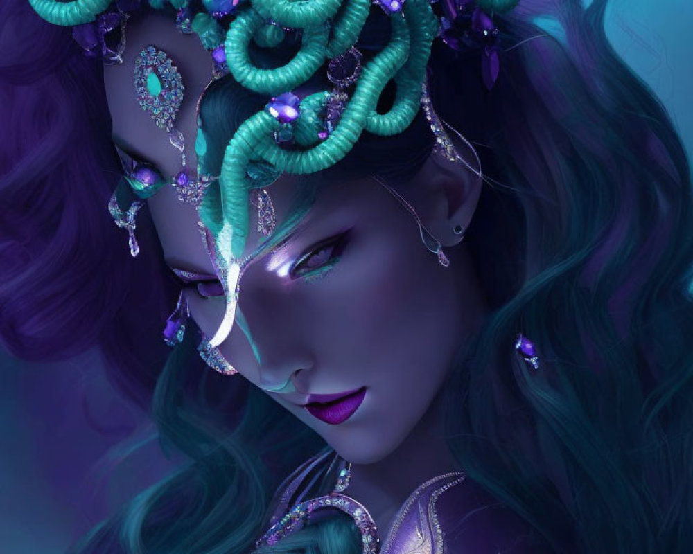 Fantasy Artwork: Woman with Green Skin and Elaborate Serpentine Headdress