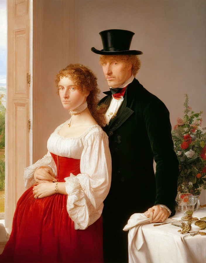 19th-Century Couple Portrait in Black Suit and Red Skirt