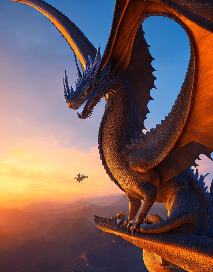 Majestic dragon perched on mountain at sunset with wings spread