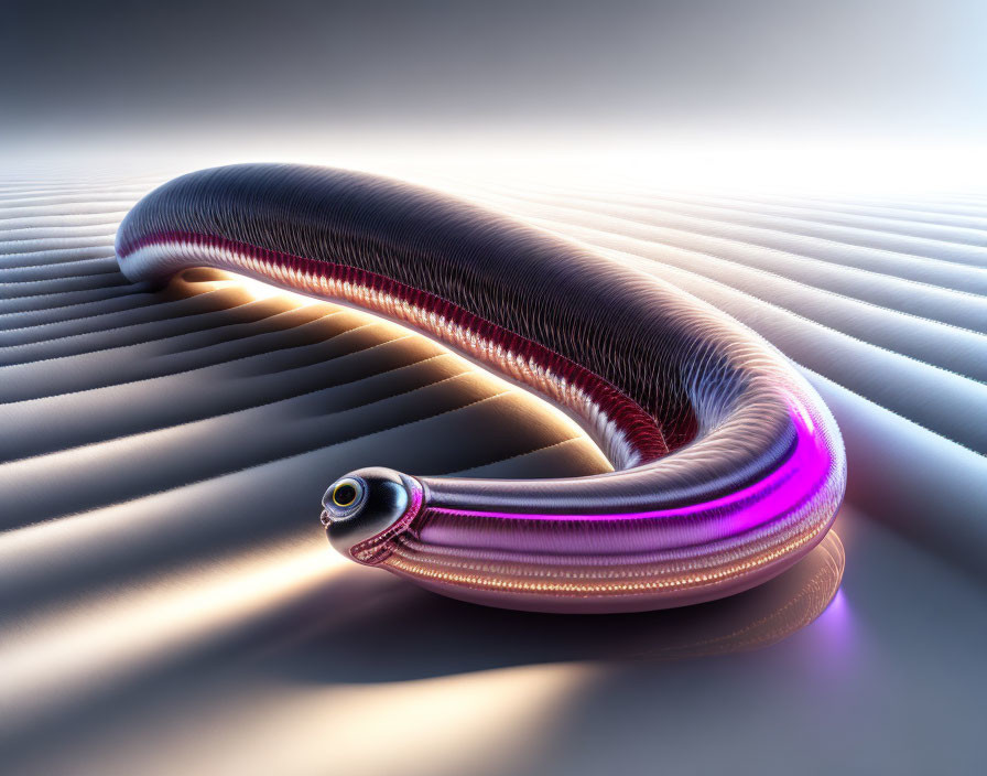 Metallic snake-like creature with purple and pink highlights on striped surface