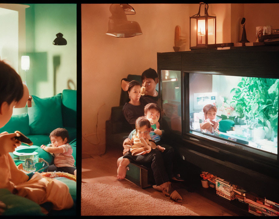 Family watching fish tank on TV in warmly lit living room