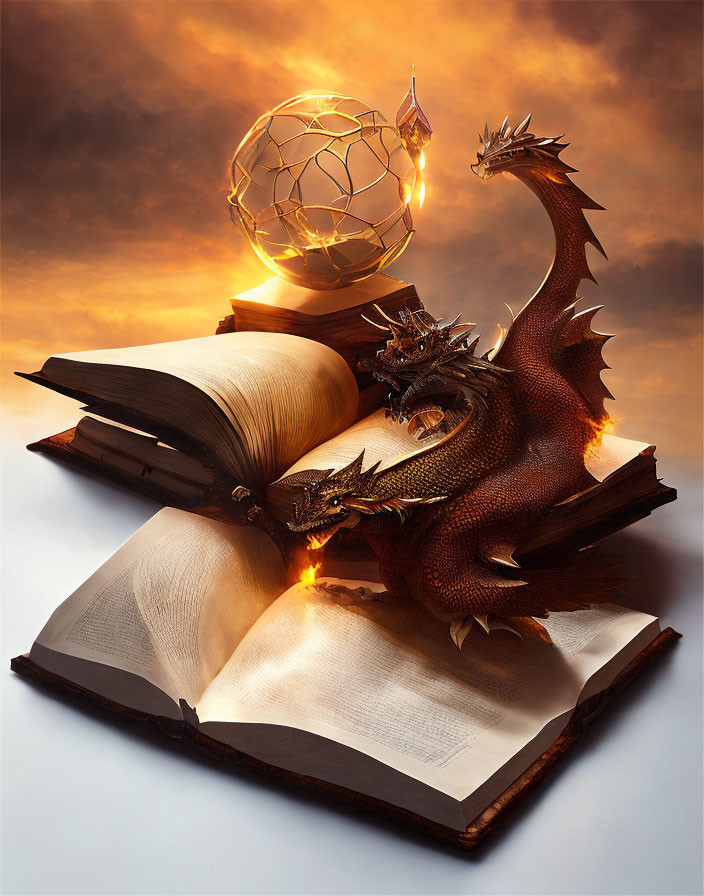 Majestic dragon on glowing book with geometric orb in golden sky