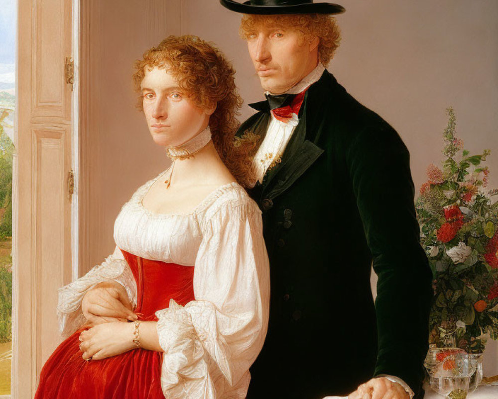 19th-Century Couple Portrait in Black Suit and Red Skirt