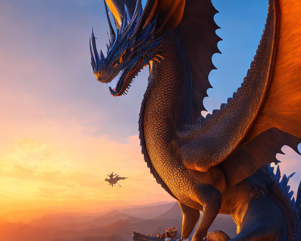 Majestic dragon perched on mountain at sunset with wings spread