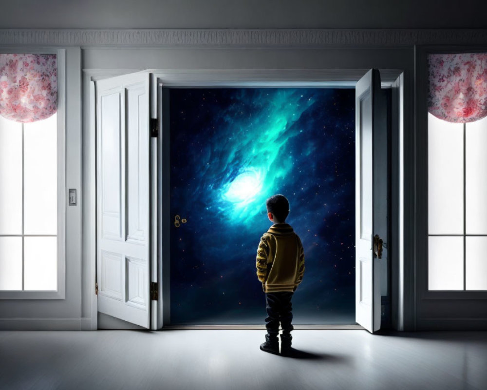 Child mesmerized by cosmic scene at open door