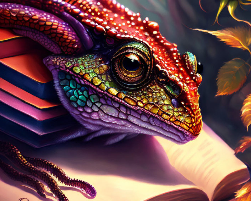 Colorful chameleon on books gazes at rose on soft background