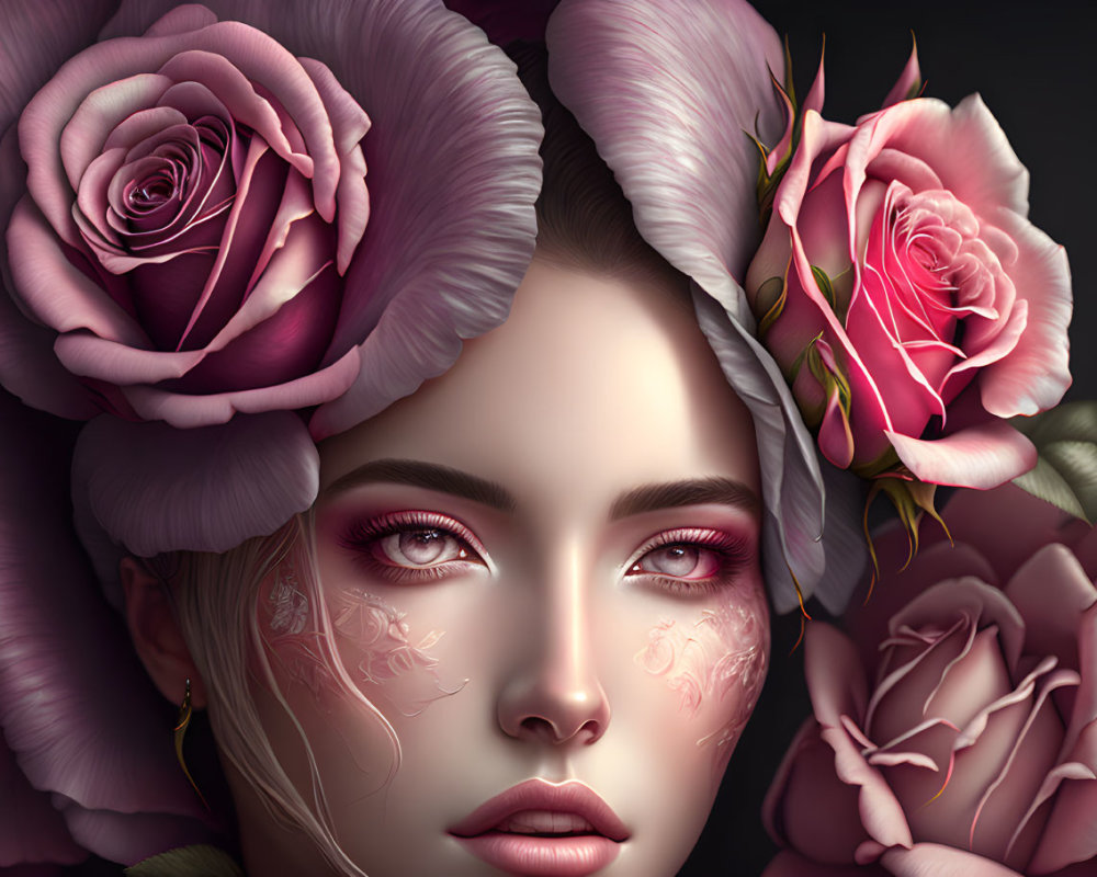Detailed digital portrait of woman with pink roses in hair and facial tattoos on dark background