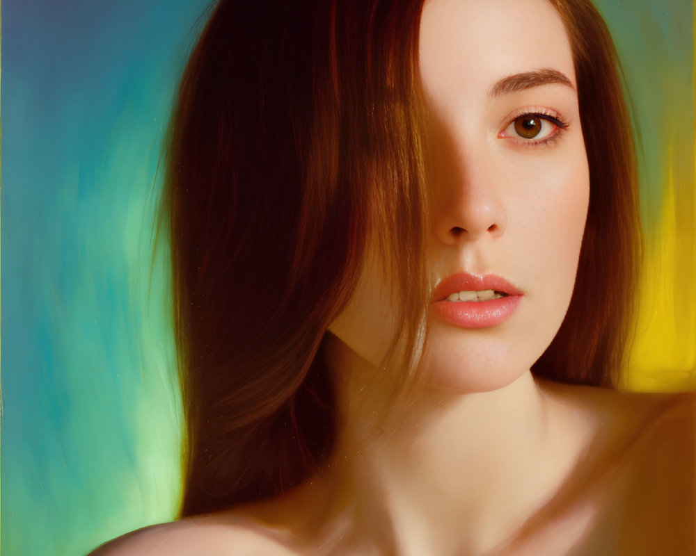 Woman with Brown Hair and Fair Skin in Calm Expression Against Colorful Abstract Background