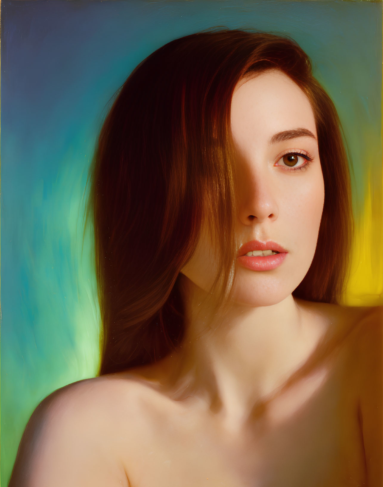 Woman with Brown Hair and Fair Skin in Calm Expression Against Colorful Abstract Background