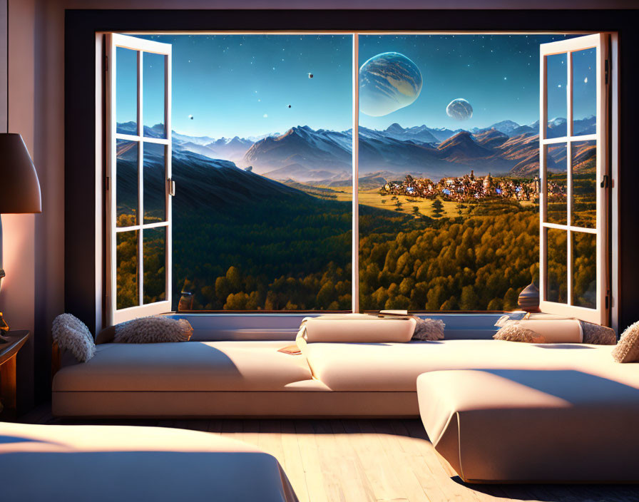 Tranquil bedroom with panoramic mountain view at night