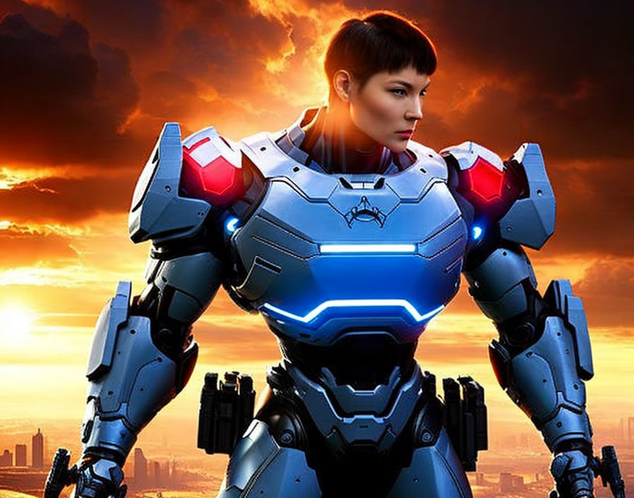 Futuristic armored woman with blue lights in sunset cityscape