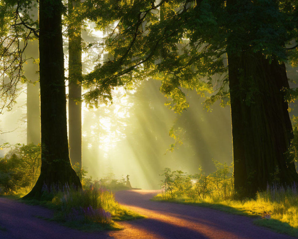 Misty forest scene with sunbeams and wildflowers