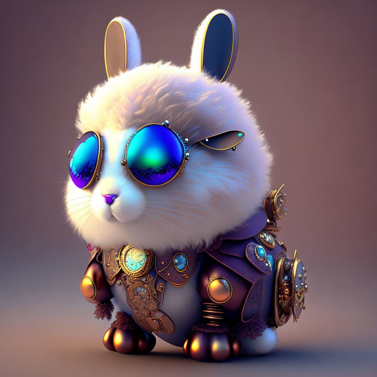 Stylized 3D illustration of robotic bunny with steampunk gear
