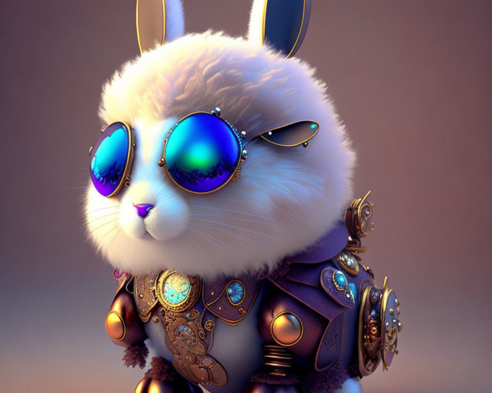 Stylized 3D illustration of robotic bunny with steampunk gear